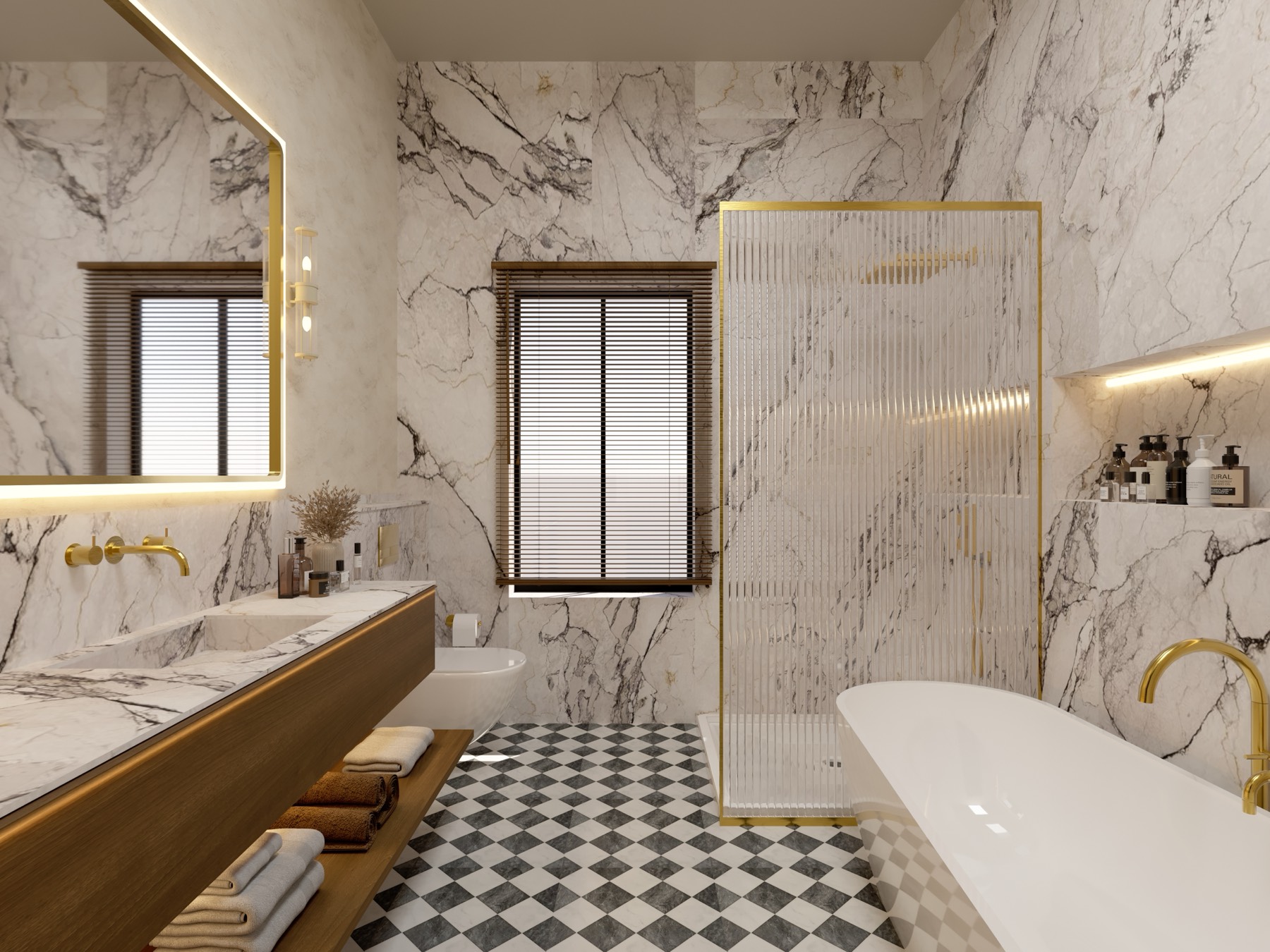 Book-matched marble bathroom with a brass-framed fluted shower screen, floating oak vanity and freestanding tub