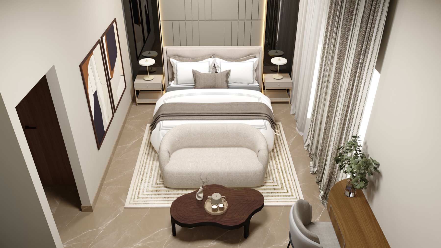Bedroom seen from above: fluted headboard in a lit niche, curved boucle bench and a pebble-shaped timber table