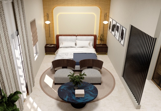 Bedroom with a leather headboard framed by a backlit arch on gold grasscloth, ottomans and a blue marble table