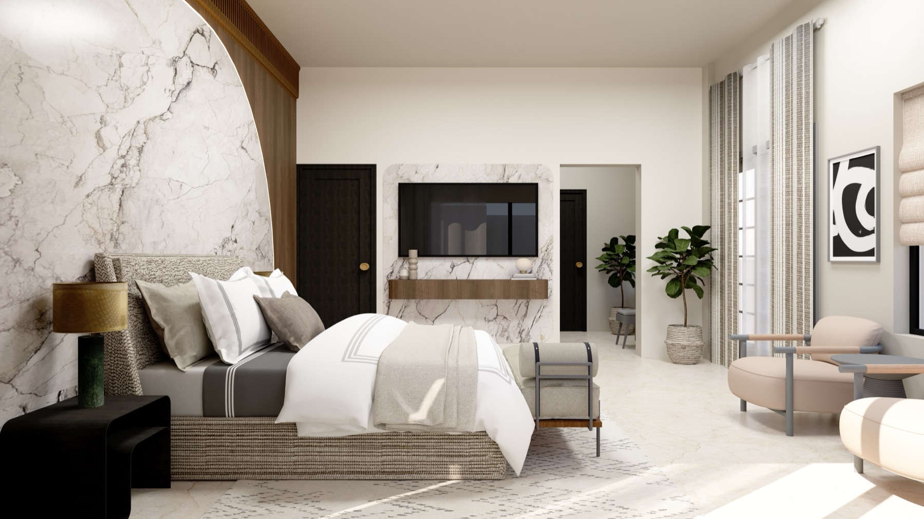 Master bedroom with an arched marble headboard wall, marble media ledge and a pair of blush armchairs by the window