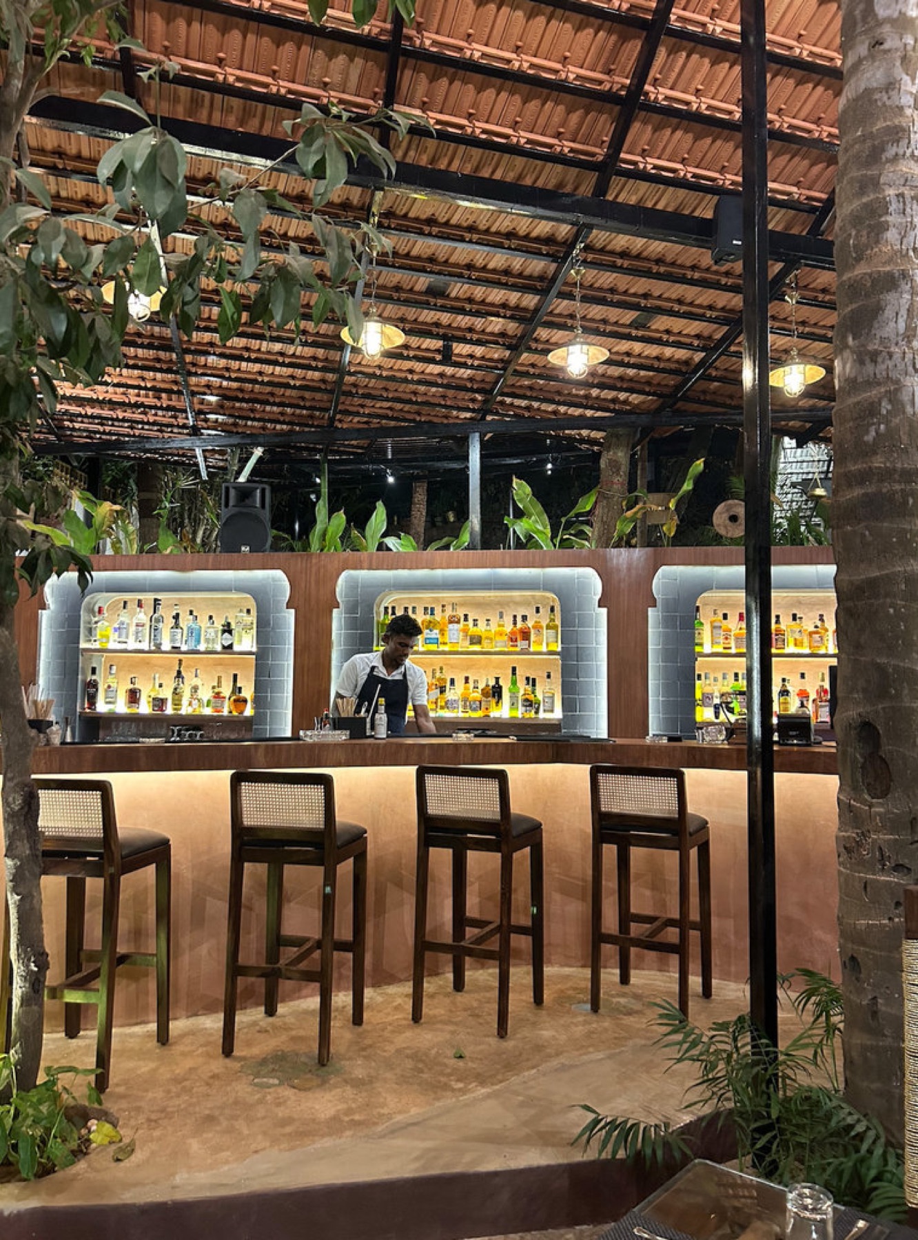 Cane stools lining the counter below glowing arched shelves of bottles